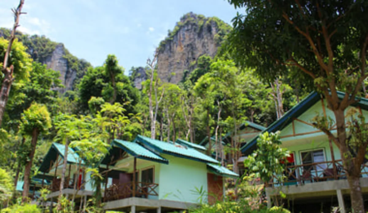 Bungalows and vegetation at the base of steep limestone walls in Tonsai.